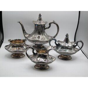 Reed & Barton 3716 Victorian Ornate Silverplate Tea Set 4-Pc, Pedestal, Gilt Int